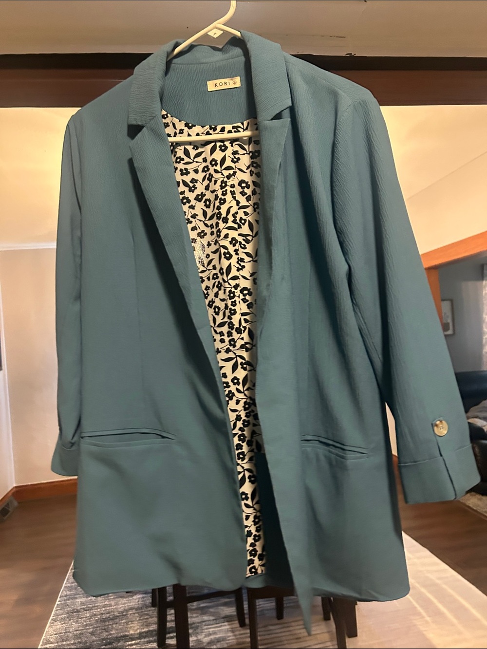Teal Open-Front Blazer with Printed Lining